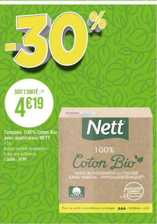 tampons 100% coton bio avec applicateur nett