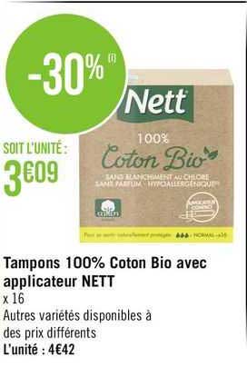 tampons 100% coton bio avec applicateur nett