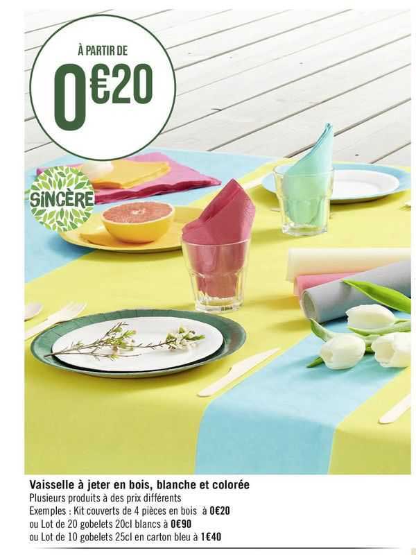 vaisselle à jeter en bois, blanche et colorée sincère