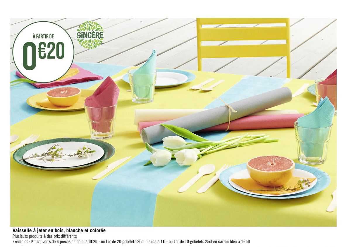 vaisselle à jeter en bois, blanche et colorée sincère