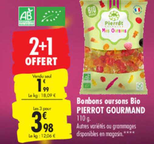 bonbons oursons bio pierrot gourmand 2+1 offert