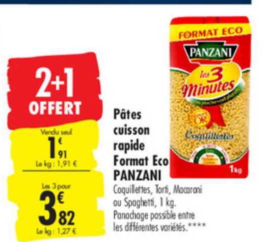 pâtes cuisson rapide format eco panzani 2+1 offert
