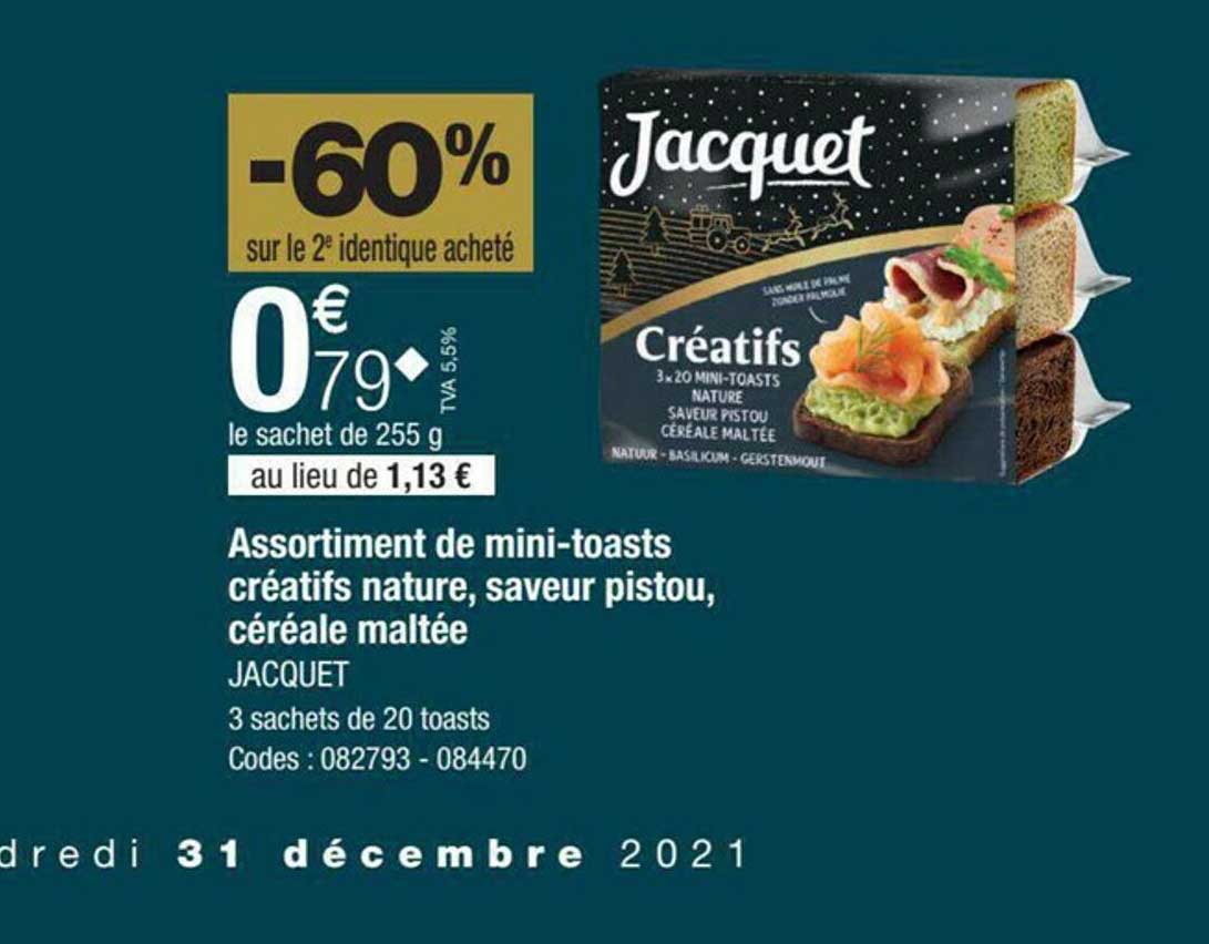 assortiment de mini-toasts créatifs nature, saveur pistou, céréale maltée jacquet