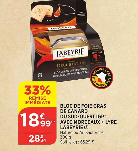 bloc de foie gras de canard du sud-ouest igp avec morceaux + lyre labeyrie