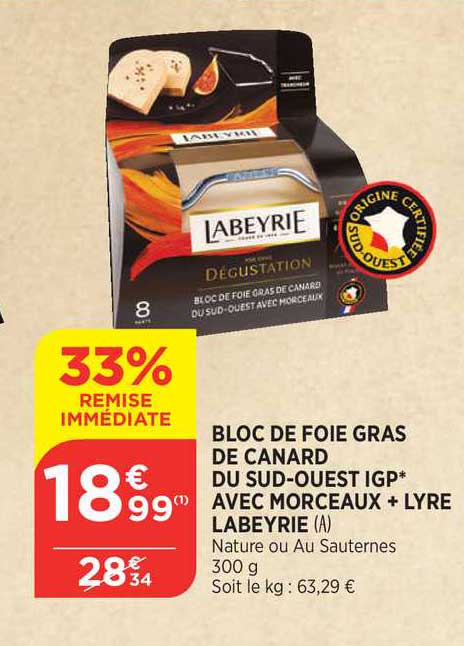 bloc de foie gras de canard du sud-ouest igp avec morceaux + lyre labeyrie
