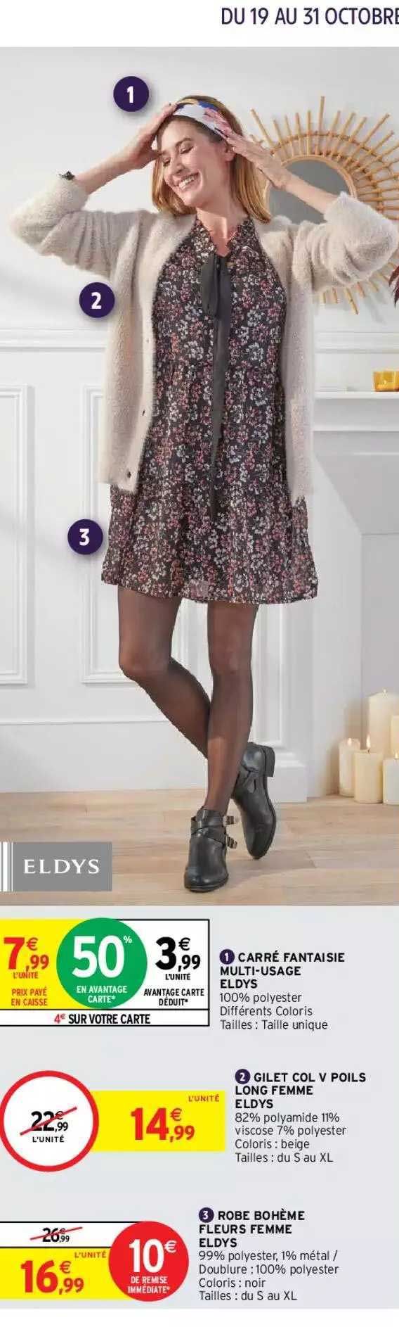 carré fantaisie multi-usage eldys, gilet col v poils long femme eldys, robe bohème femme eldys