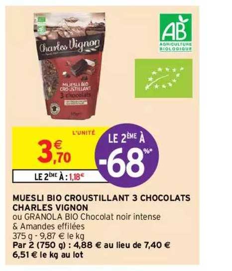 muesli bio croustillant 3 chocolats charles vignon