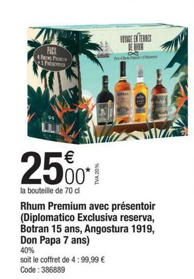 rhum premium avec présentoir "diplomatico exclusiva reserva, botran 15 ans, angostura 1919, don papa 7 ans)