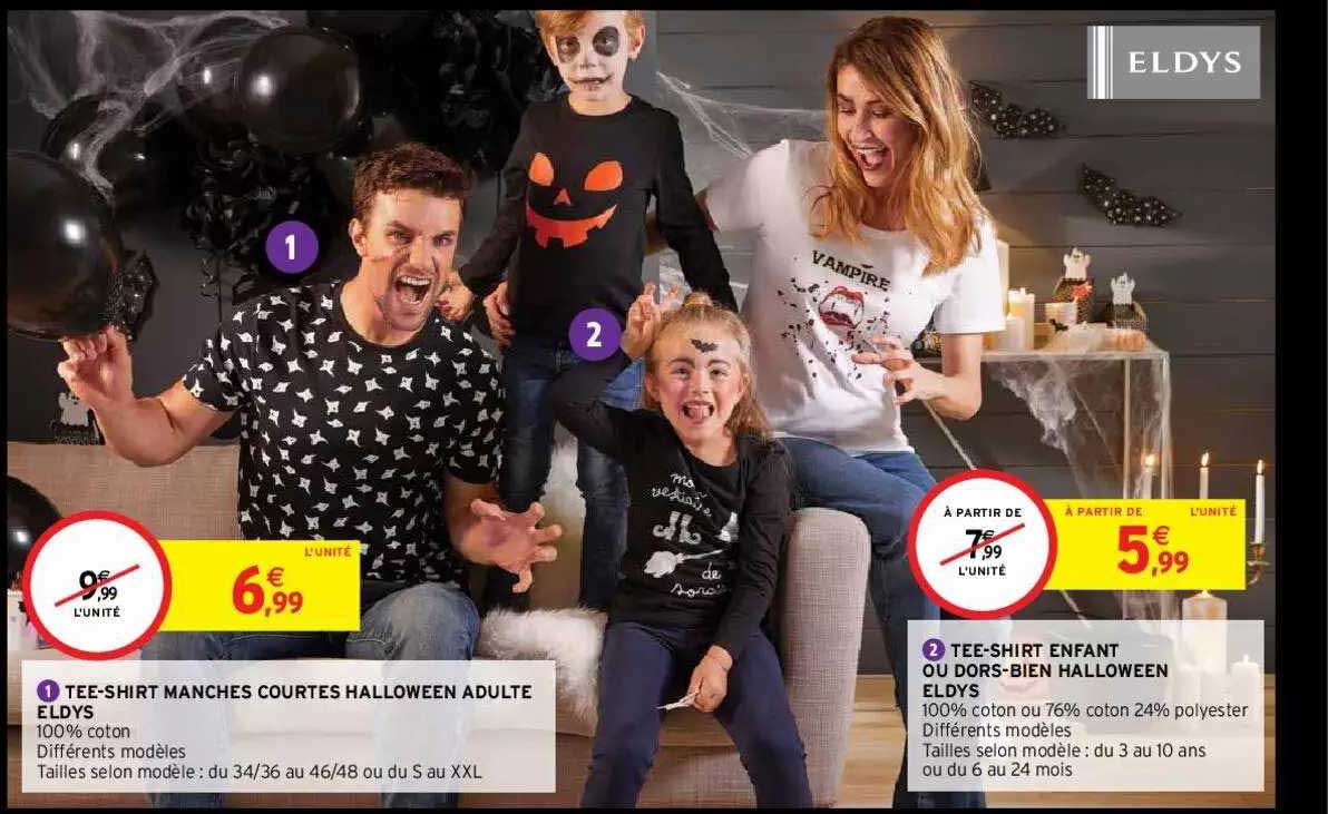 tee-shirt manches courtes halloween adulte eldys, tee-shirt enfant ou dors-bien halloween eldys