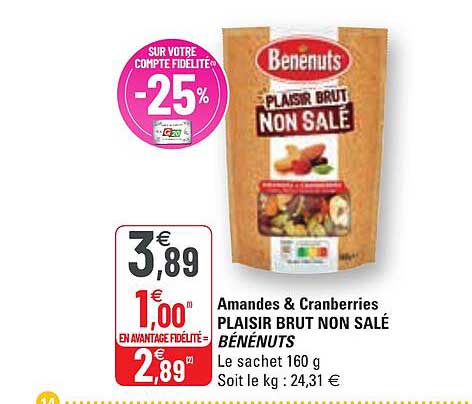 amandes & cranberries plaisir brut non salé bénénuts
