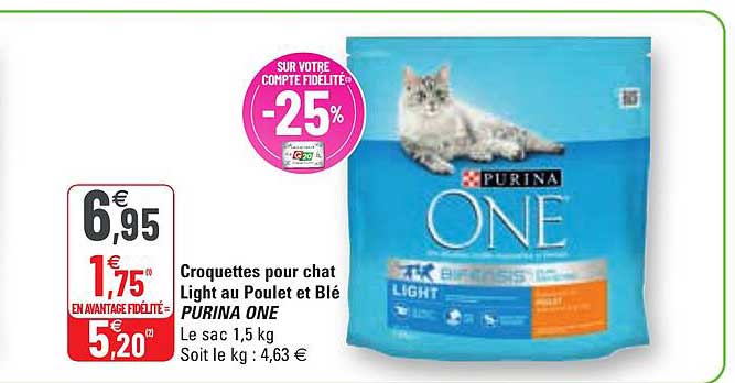 croquettes pou chat light au poulet et blé purina one