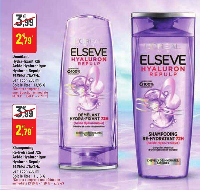 démêlant hydra-fixant 72h acide hyaluronique hyaluron repulp esleve l'oréal, shampooing ré-hydratant 72h acide hyaluronique hyaluron repulp elseve l'oréal