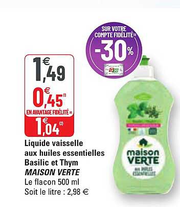 liquide vaisselle aux huiles essentielles basilic et thym maison verte
