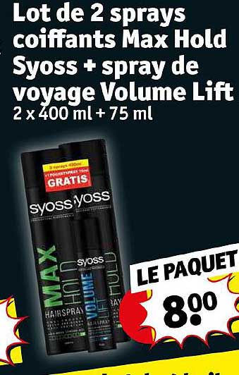 lot de 2 sprays coiffants amx hold syoss + spray de voyage volume lift