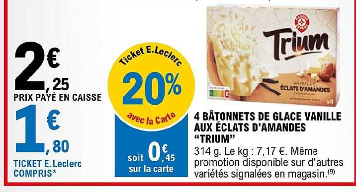 4 bâtonnets de glace vanille aux éclats d'amandes "trium"