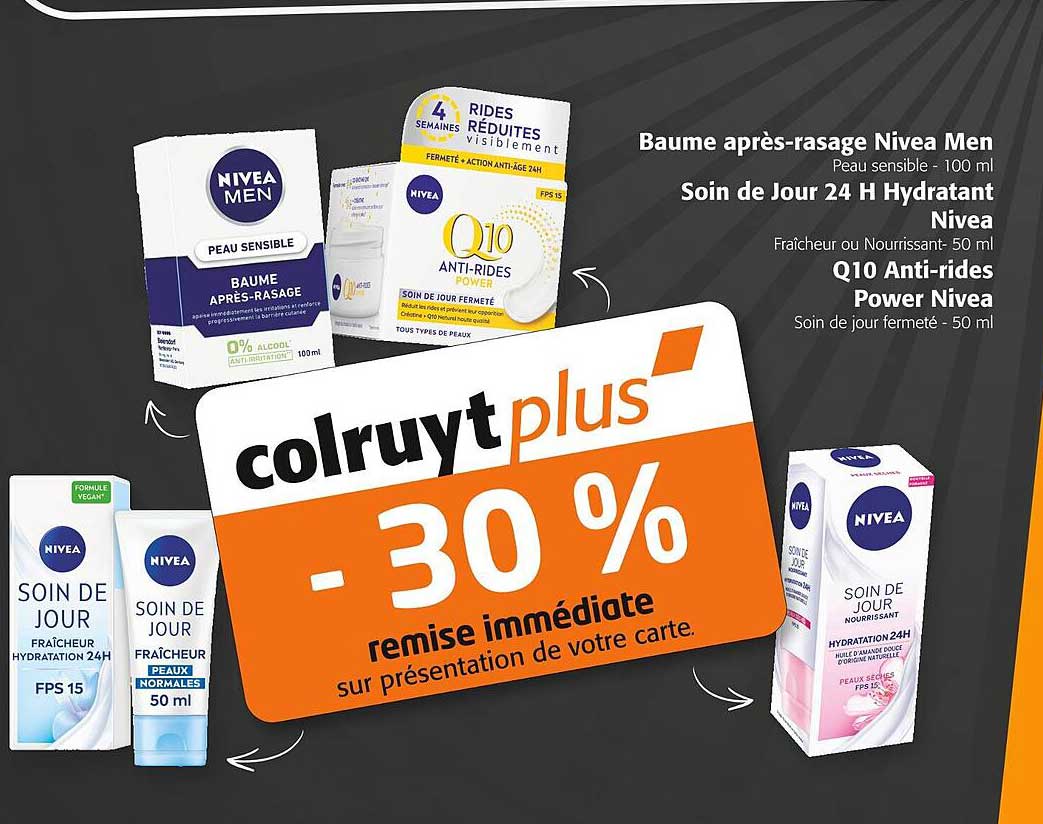 baume après-rasage nivea men, soin de jour 24h hydratant nivea, q10 anti-rides power nivea