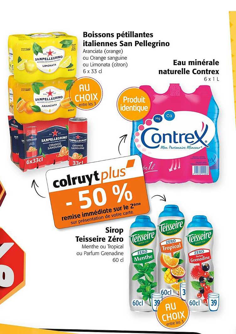 boisson pétillantes italiennes san pellegrino, eau minérale naturelle contrex, sirop teisseire zéro