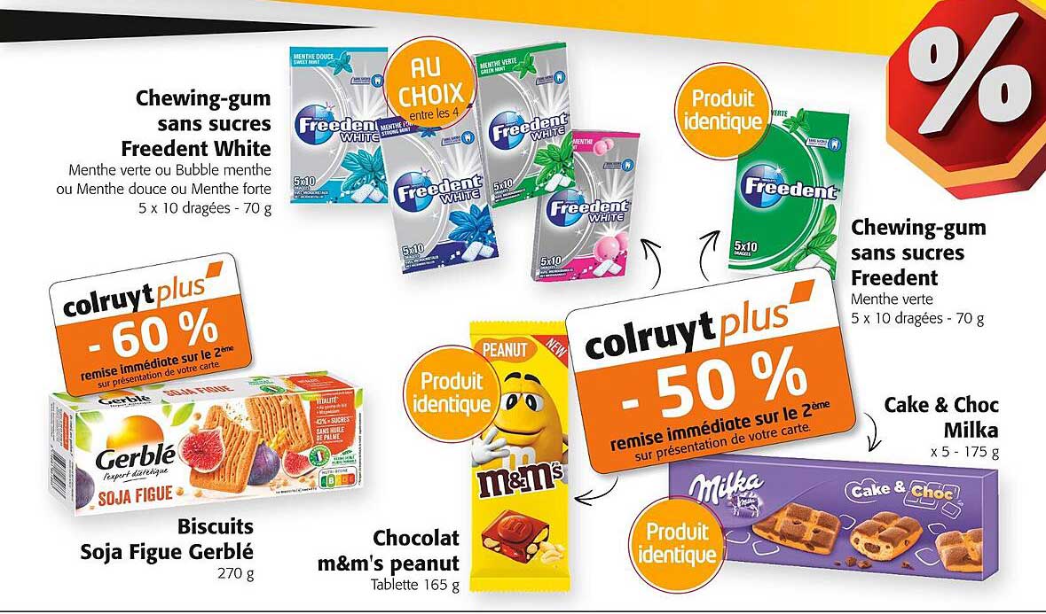 Chewing-gum Sans Sucres Freedent White, Biscuits Soja Figue Gerblé, Chocolat M&m's Peanut, Chewing-gum Sans Sucres Freedent, Cake & Choc Milka