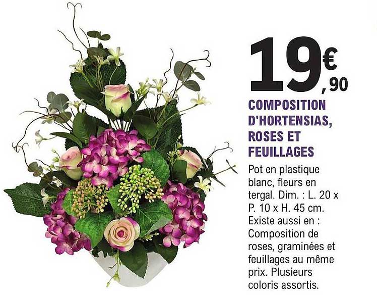 composition d'hortensias, roses et feuillages