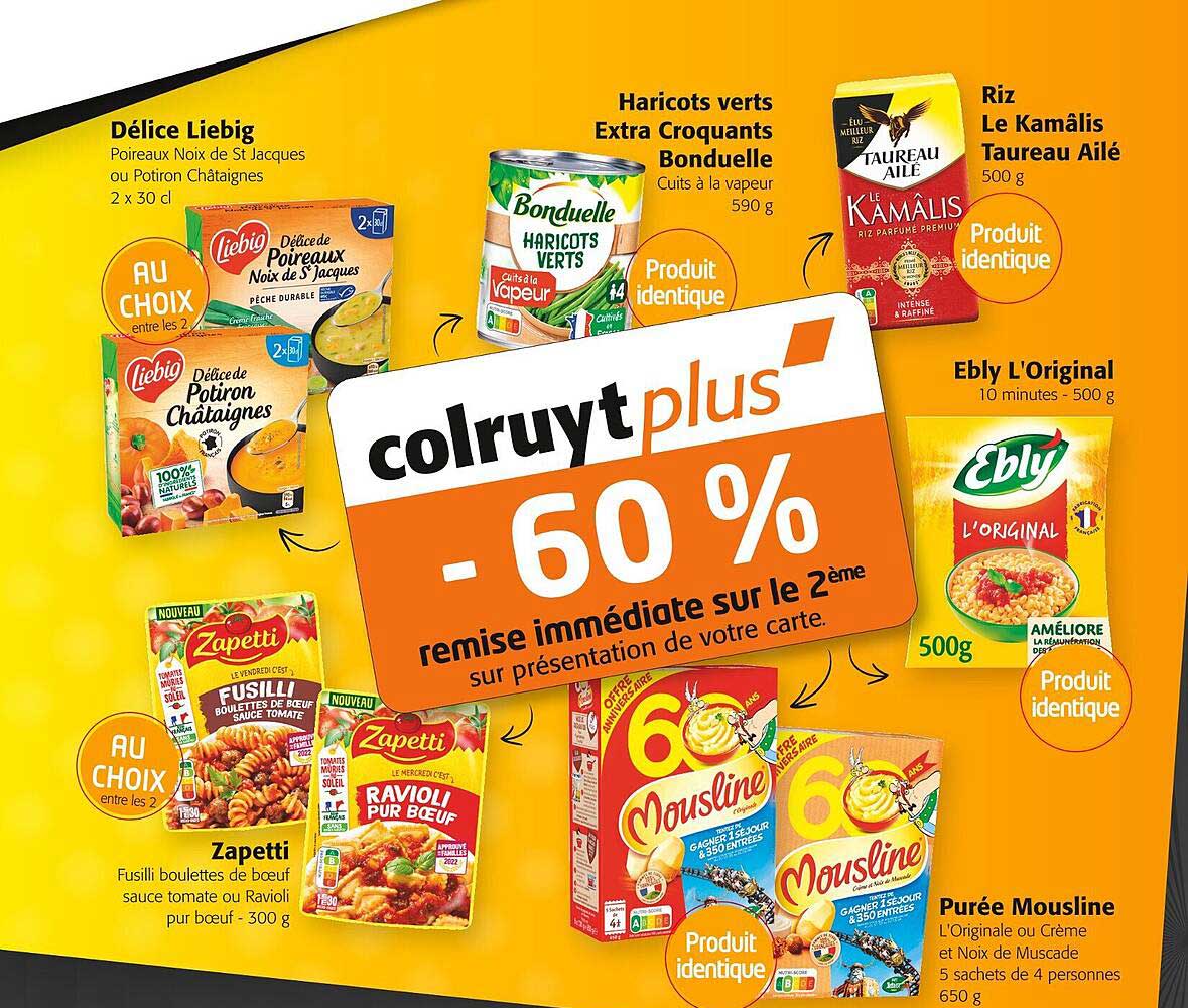 délice liebig, zapetti, haricots verts extra croquants bonduelle, purée mousline, ebly l'original, riz le kamälis taureau ailé