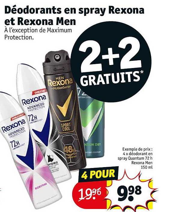 déodorant en spray rexona et rexona men 2+2 gratuits