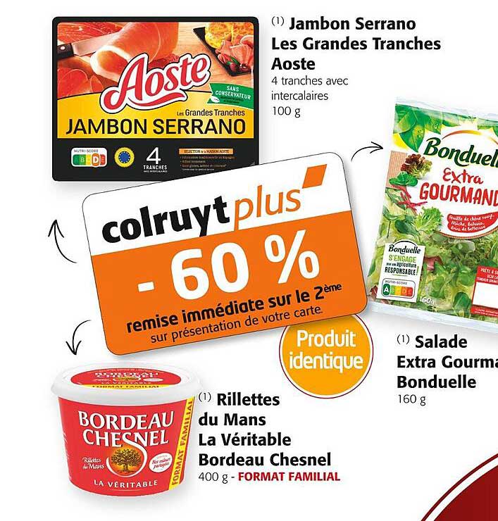 jambon serrano les grandes tranches aoste, rillettes du mans la véritable bordeaux chesnel, salade extra gourmand bonduelle