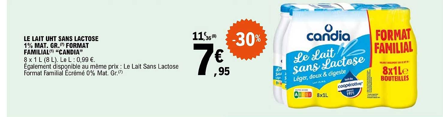 le lait uht sans lactose 1% mat. gr. format familial "candia"