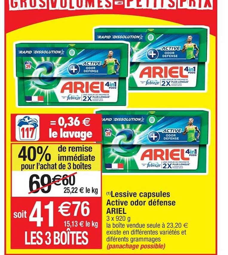lessive capsules active odor défense ariel