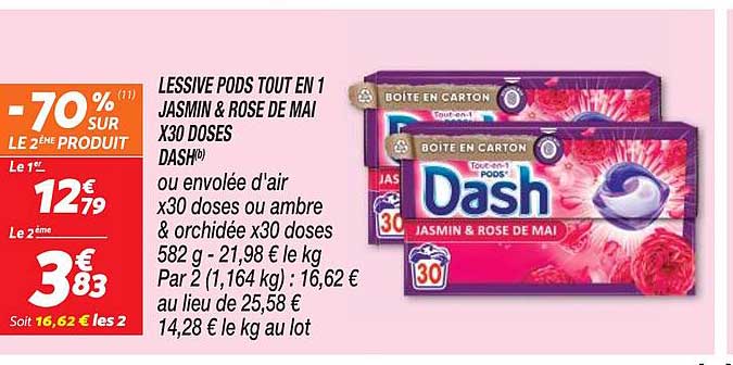 lessive pods tout en 1 jasmin & rose de mai x30 doses dash