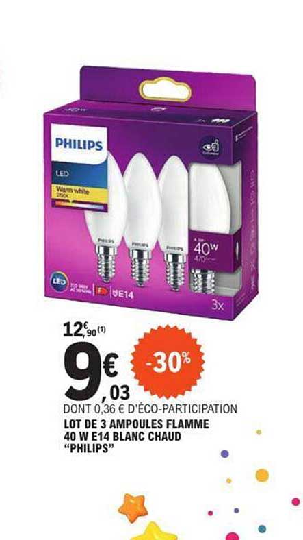 lot de 3 ampoules flamme 40 w e14 blanc chaud "philips"