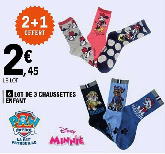 lot de 3 chaussettes enfant paw patrol, minnie