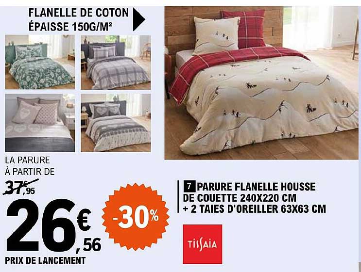 parure flanelle housse de couette 240 x 220 cm + 2 taies d'oreiller 63 x 63 cm tissaia