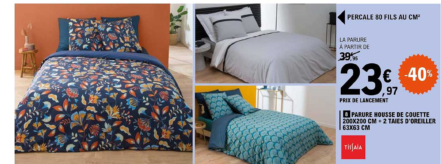 parure housse de couette 200 x 200 cm + 2 taies d'oreiller 63 x 63 cm tissaia