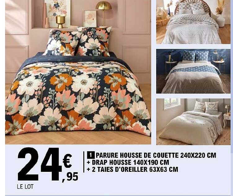 parure housse de couette 240 x 220 cm + drap housse 140 x 190 cm + 2 taies d'oreiller 63 x 63 cm