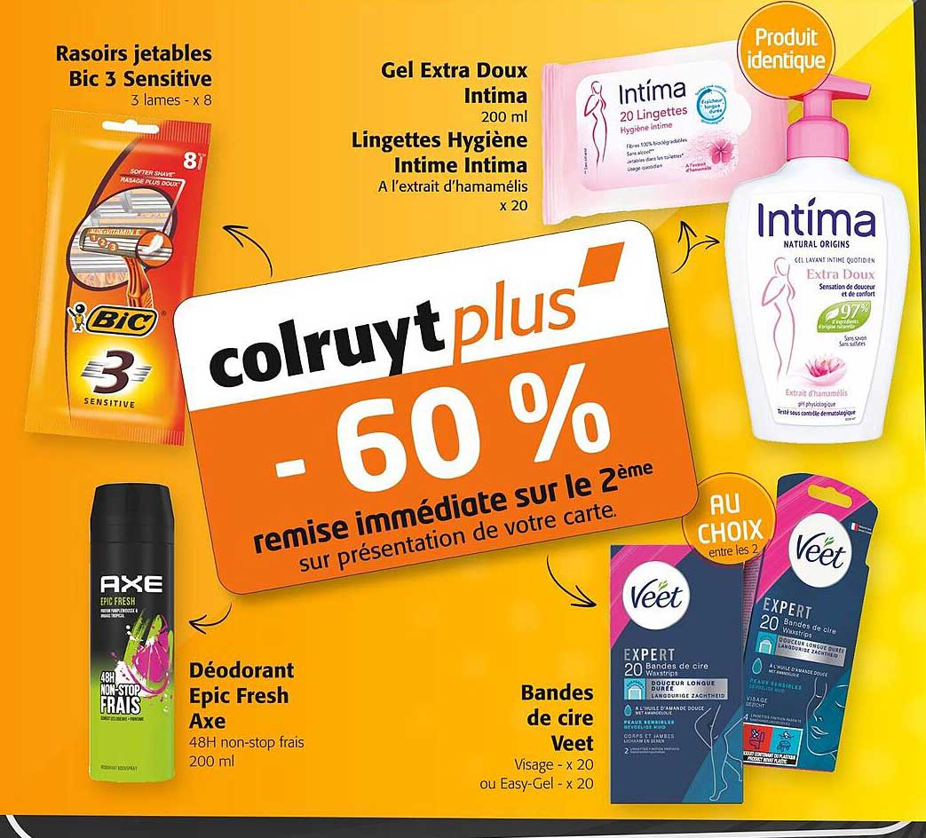 rasoirs jetables bic 3 sensitive, déodorant épic fresh axe, bandes de cire veet, gel extra doux intima, lingettes hygiène intime intima