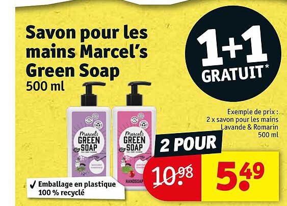 savon pour les mains marcel's green soap 1+1 gratuit