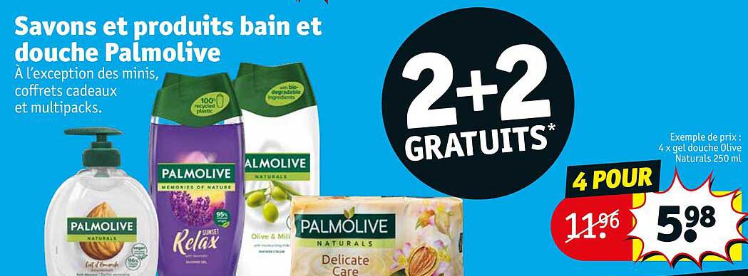 savons et produits bain et douche palmolive 2+2 gratuits