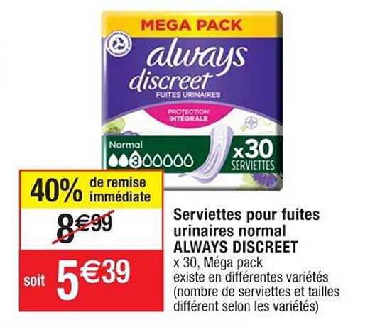 serviettes pour fuites urinaires normal always discreet