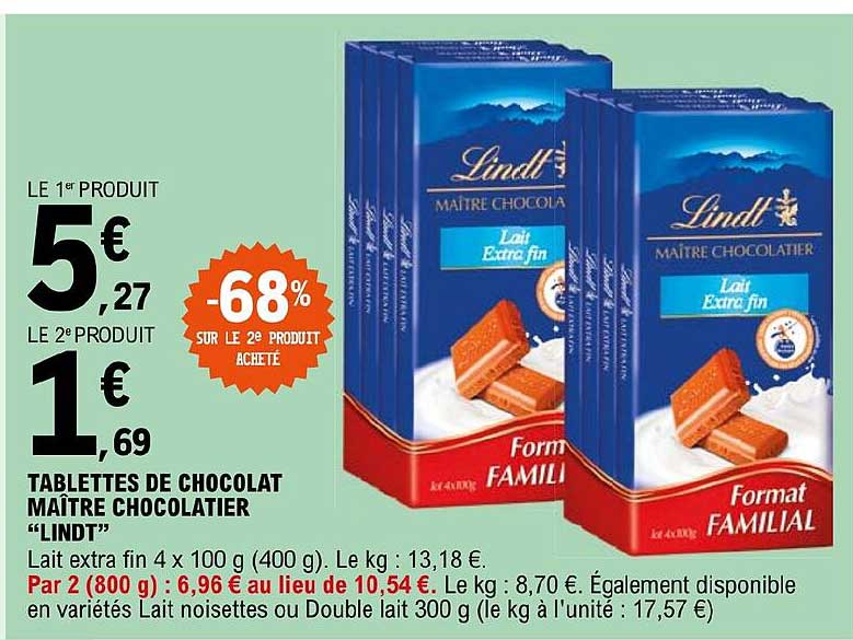 tablettes de chocolat maître chocolatier "lindt" -68% sur le 2e produit acheté