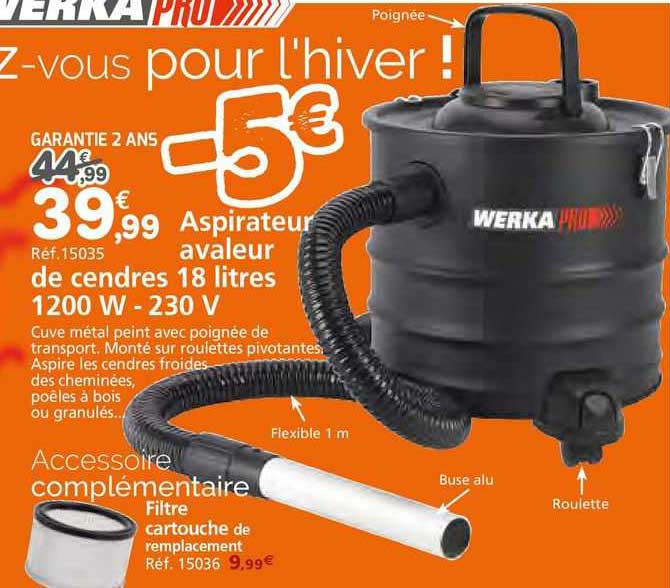 werka aspirateur avaleur de cendres 18 litres 1200 w - 230 v