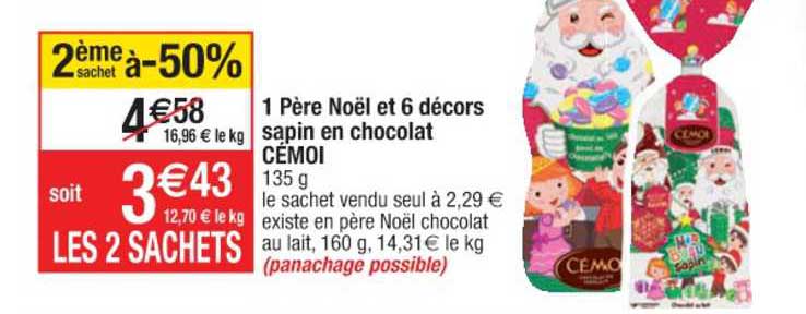 1 père noël et 6 décors sapin en chocolat cémoi 2ème sachet à -50%