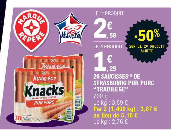 20 Saucisses De Strasbourg Pur Porc Tradilège -50% Sur Le 2e Produit Acheté