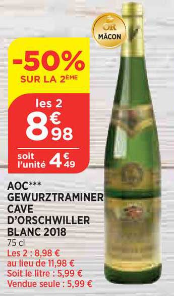 aoc gewurztraminer cave d'orschwiller blanc 2018 -50% sur la 2ème