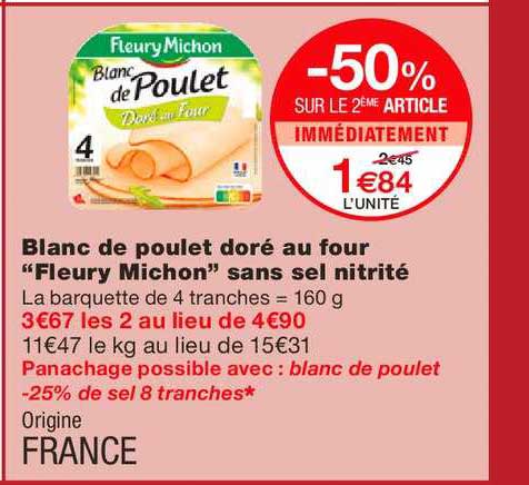 blanc de poulet doré au four "fleury michon" sans sel nitrité