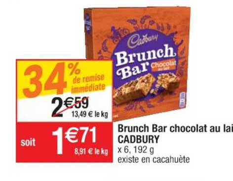 brunch bar chocolat au lait cadbury 34% de remise immédiate