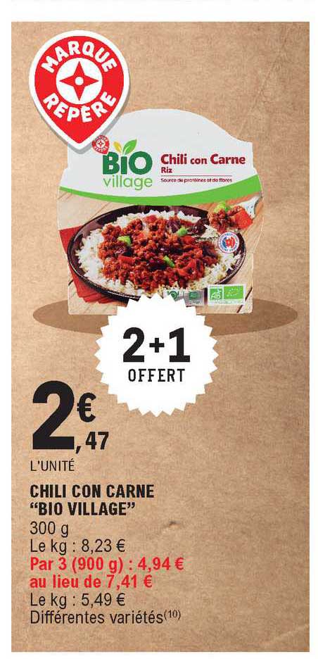 chili con carne bio village 2+1 offert
