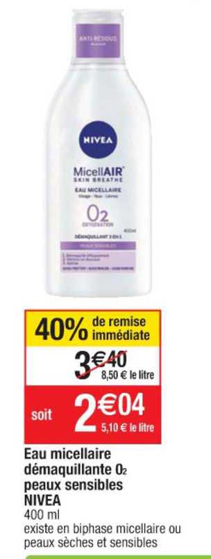 eau micellaire démaquillante o2 peaux sensibles nivea 40% de remise immédiate