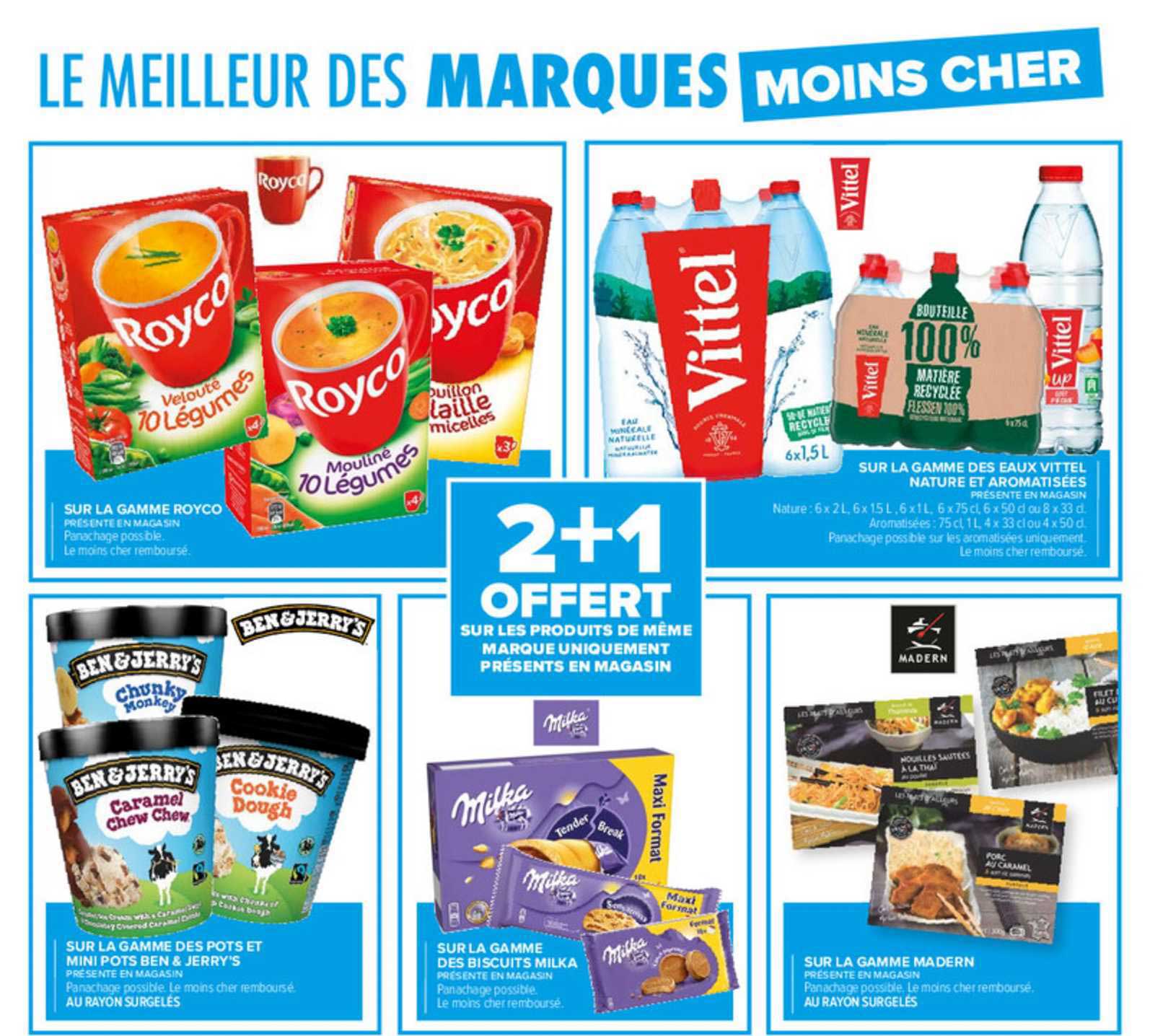 gamme royco, gamme des beaux vittel nature et aromatisées, gamme des pots et mini pots ben & jerry's, gamme des biscuits milka, gamme madern