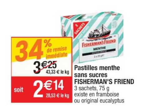 pastilles menthe sans sucres fisherman's friend 34% de remise immédiate