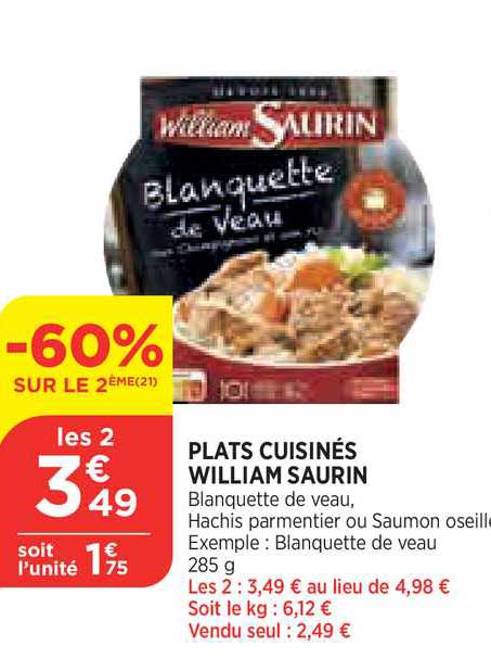 Plats Cuisinés William Saurin -60% Sur Le 2ème